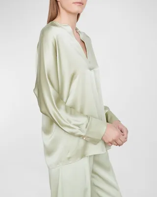 Silk Dolman-Sleeve V-Neck Blouse