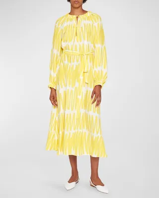 Scribble-Print Belted Silk Midi Dress