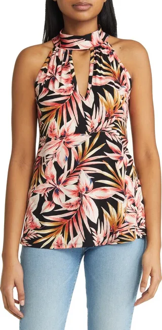 Palm Print Cutout Mock Neck Halter Top