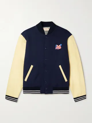 Logo-Appliquéd Striped Leather and Knitted Varsity Jacket