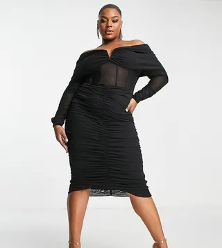 ASOS LUXE Curve bardot draped sleeve corseted ruched midi dress in black