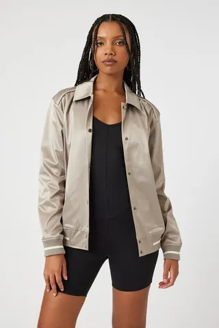 Satin Varsity-Striped Bomber Jacket