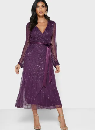 Mesh Sleeve Wrap Front Embellished Dress