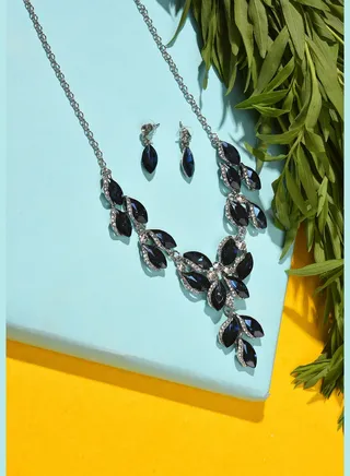 Silver Plated Designer Stone Necklace and Earring Set