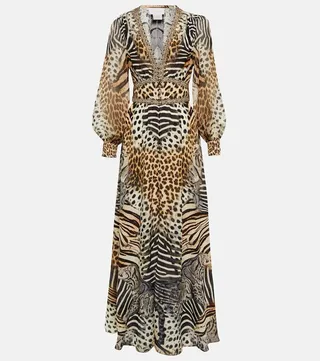 Animal-print V-neck silk maxi dress