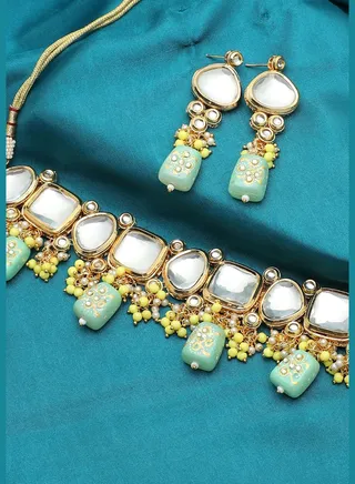 Gold Plated Kundan Beads Necklace and Earring Set