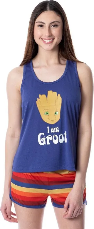 Marvel Womens' I Am Groot Guardians Of The Galaxy Pajama Set Short Tank Top (L) Multicoloured