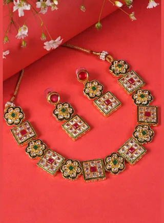 Gold Plated Designer Stone Necklace and Earrings Set