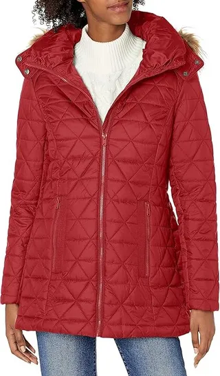 Marc New York by Andrew Marc Womens Chevron Quilted Down Jacket with Removable Faux Fur Hood (Red) Women's Coat