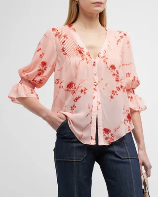 Jennings Floral Pintuck Button-Front Top