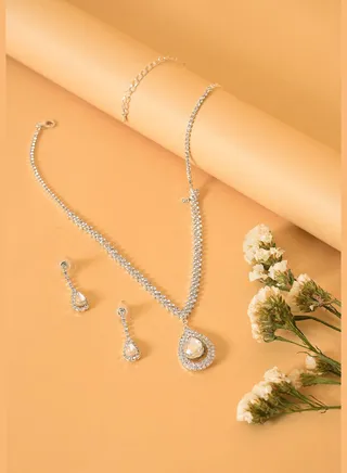 Pack of 3 Silver Plated American Diamond Necklace and Earring Set
