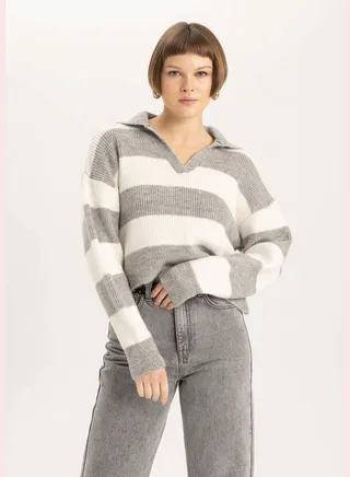 Woman Polo Neck Long Sleeve Tricot Pullover