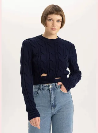 Woman Cropped Fit Crew Neck Long Sleeve Tricot Pullover