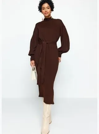 Brown Belted Half Turtleneck Long Knitwear Dress TCTAW24EB00023