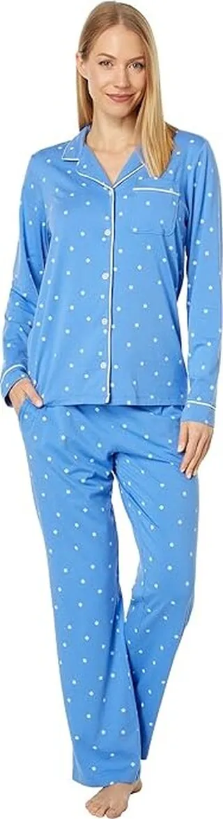 L.L.Bean Super Soft Shrink-Free Button Front Pajama Set Print (Arctic Blue Medallion Dot) Women's Pajama Sets
