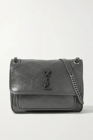 SAINT LAURENT - Niki Medium Crinkled Glossed-leather Shoulder Bag - Gray
