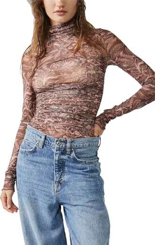 Under It All Ruched Mesh Turtleneck Bodysuit