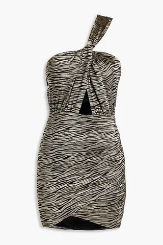 One-shoulder metallic tiger-print silk-blend chiffon mini dress