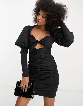 ASOS LUXE twist bust puff sleeve ruched poplin mini dress in black