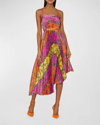 Irene Pleated Scroll-Print Midi Dress