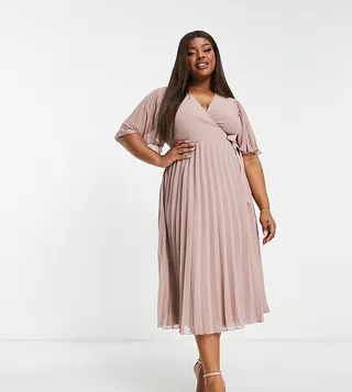 ASOS DESIGN Curve exclusive pleated midi dress with kimono sleeve and tie waist in blush