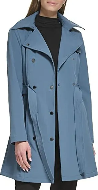 Calvin Klein Women's Double Breasted Belted Rain Jacket with Removable Hood