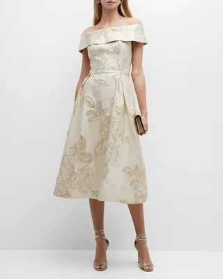 Off-Shoulder Pleated Jacquard Midi Dress