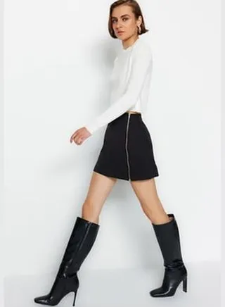 Black Woven Zipper Skirt TWOAW24ET00103
