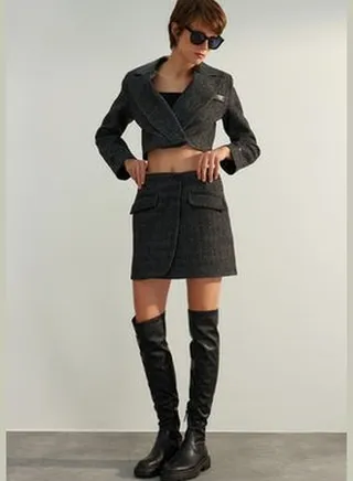 Anthracite Limited Edition High Quality Stamped Double Breasted Detailed Mini Woven Skirt TWOAW24ET00287