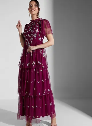 Floral Mesh Embroidered Tiered Dress