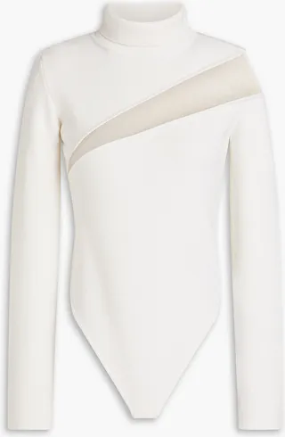 Cutout ribbed merino wool-blend turtleneck bodysuit
