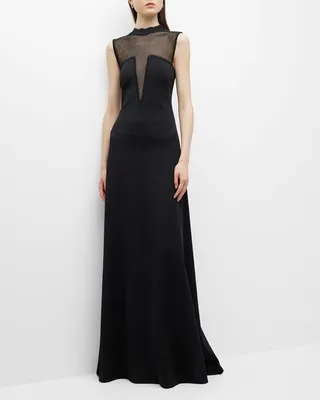 Strass Mesh Lace Plunging Illusion Milano Knit Gown