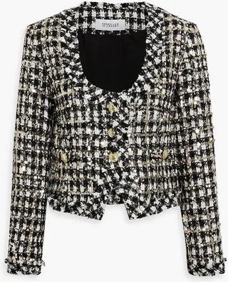 Cropped sequin-embellished metallic bouclé-tweed blazer
