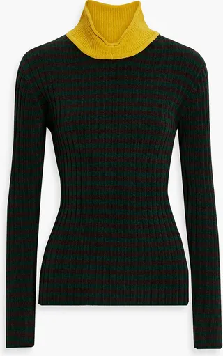 Striped cotton-blend chenille turtleneck sweater