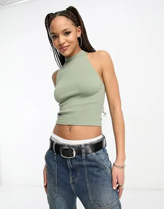 Stradivarius seamless rib high neck tank top in sage