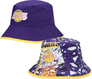 Men's Mitchell & Ness Purple Los Angeles Lakers Hardwood Classics Shattered Big Face Reversible Bucket Hat