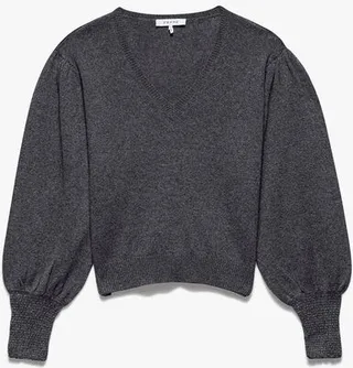 Smocked Cuff V-neck Sweater Dark Gris Heather