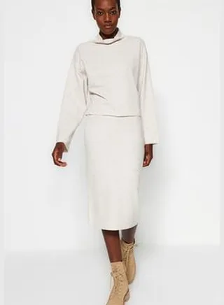 Beige Normal Waist Thessaloniki/Knitwear Look Midi Pencil Skirt, TWOAW24ET00030