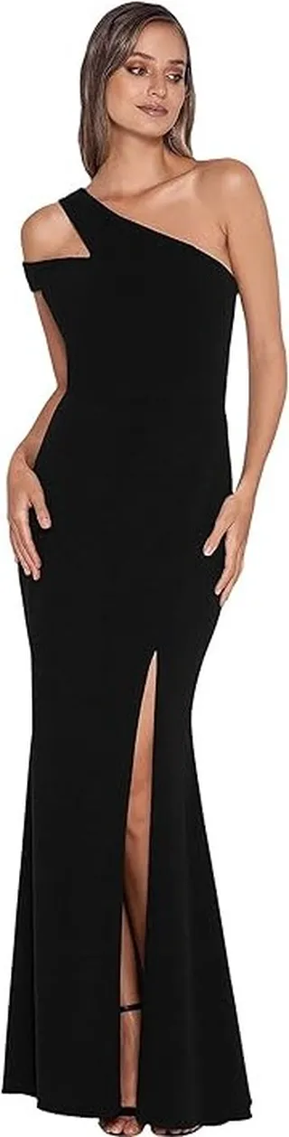 XSCAPE Long Scuba Crepe One Shoulder Strap (Black) Women's Dress