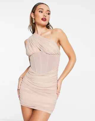 Rare London ruched one shoulder corset mini dress in blush