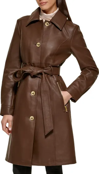 Faux Leather Belted Trench Coat