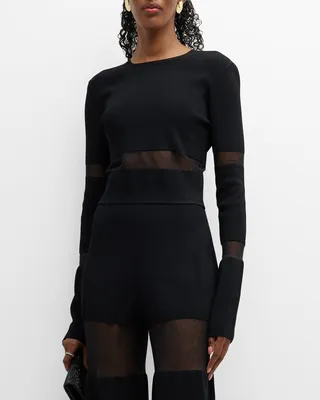 Sheer Stripe-Paneled Crop Top
