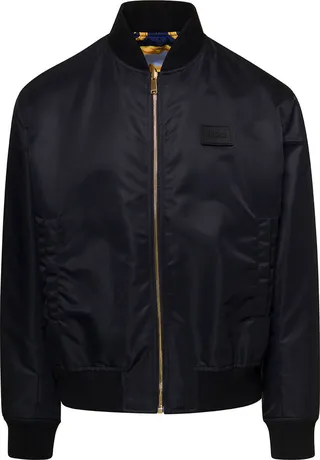 Black Reversible Bomber Jacket With Barocco Print In Nylon Man