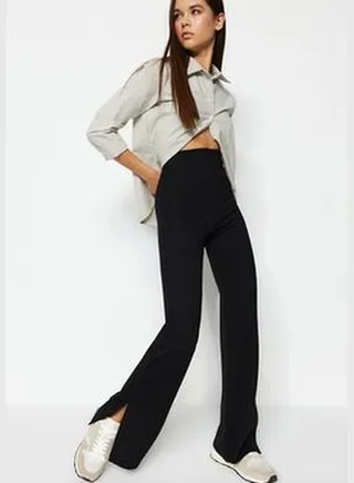 Black With Slits in the Sides, Flare/Flare-Flare High Waist Knitted Trousers TWOSS23PL00134