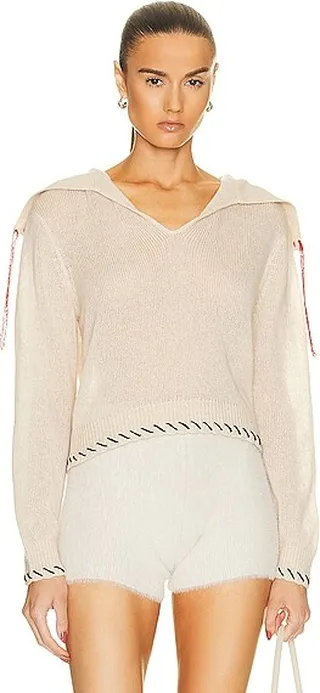 The Elder Statesman Nimbus Whip Collar V Neck Sweater in Beige
