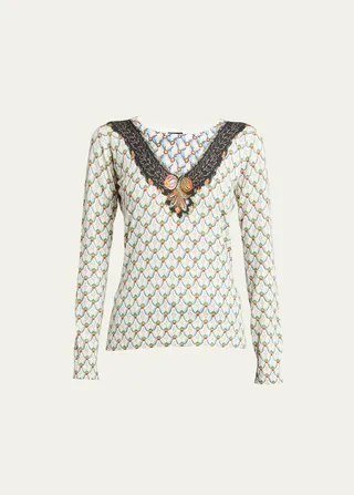 Cashmere-Blend Patterned Crewneck Top