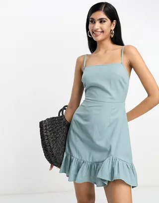 ASOS DESIGN linen cami mini sundress with ruffle hem in blue