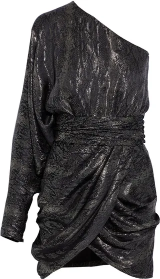 One-shoulder draped metallic silk-blend jacquard mini dress