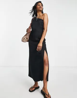 Topshop one shoulder linen midi dress in black