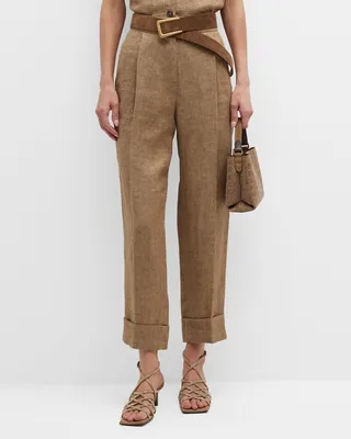 Metallic Linen Twill Pleated Tapered-Leg Ankle Pants